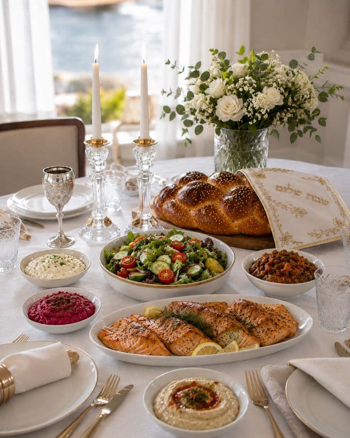 Challah, a kiddush cup and an embroidered cover on a Shabbos table